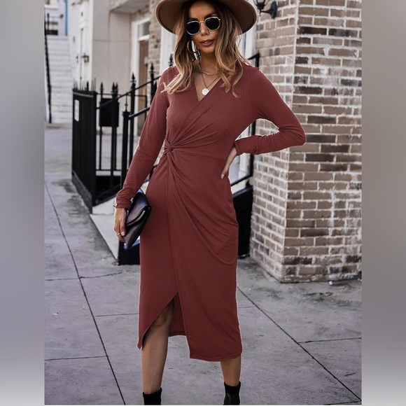 SHIBEVER Casual Dresses for Women V Neck Long Sleeve Front Waist Ribbed - Picture 2 of 7